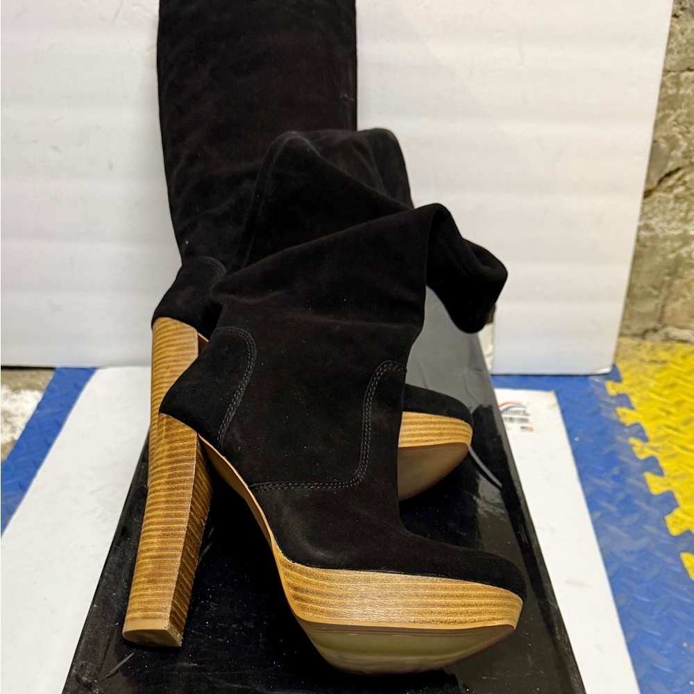 Boutique 9 Black Suede Women's Boots with Wooden Heel